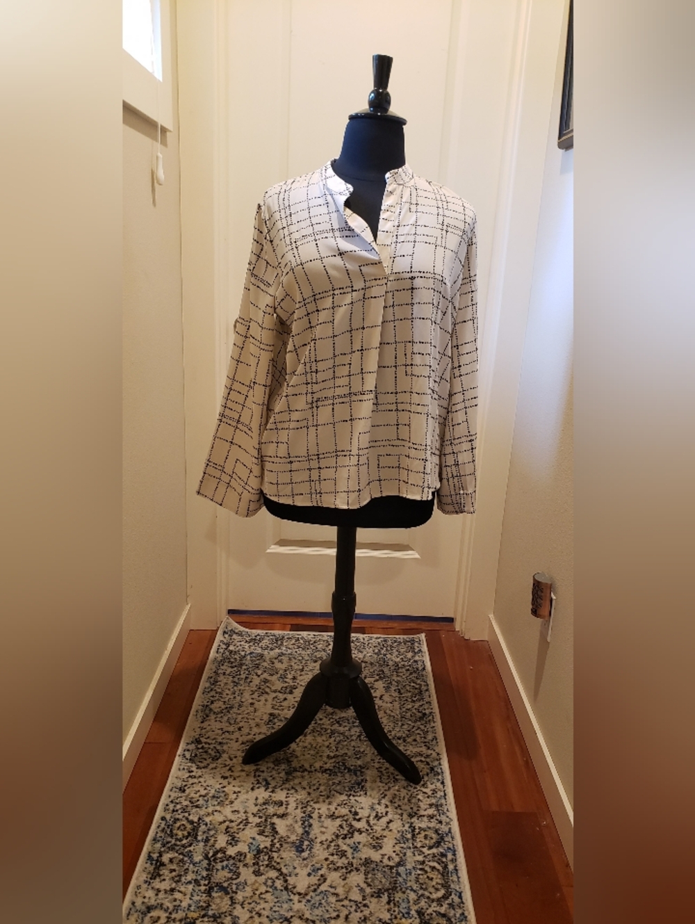Prologue Ivory Grid-Print Long Bell-Sleeve Blouse